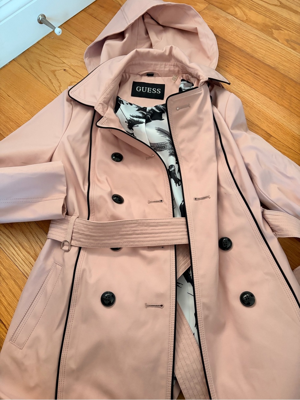 GUESS Blush Pink Hooded Trench Coat with Black Trim